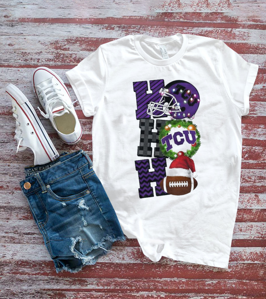 TCU Horned Frogs Football Christmas Ho Ho Ho Helmet And Wreath Game Day T-Shirt