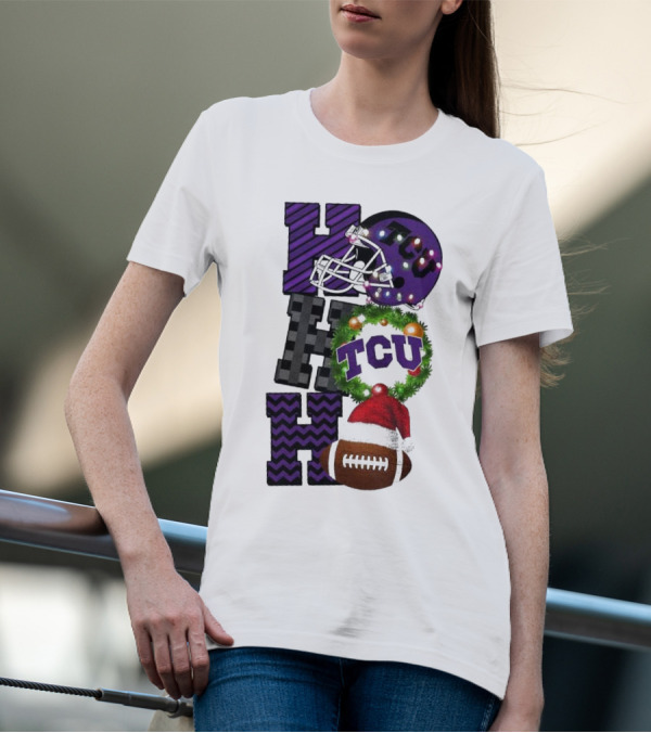 TCU Horned Frogs Football Christmas Ho Ho Ho Helmet And Wreath Game Day T-Shirt