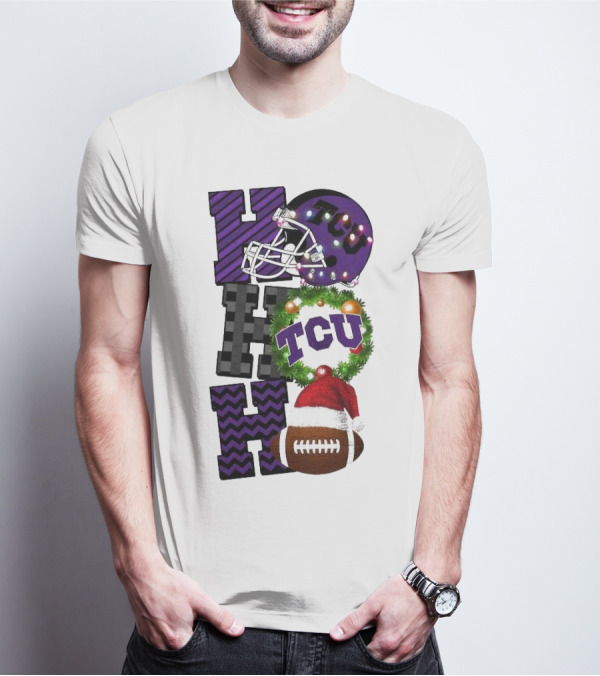 TCU Horned Frogs Football Christmas Ho Ho Ho Helmet And Wreath Game Day T-Shirt