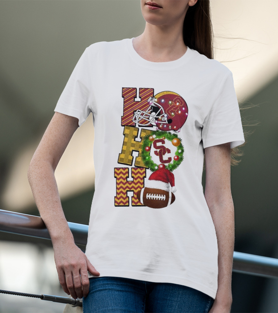 USC Trojans Football Christmas Ho Ho Ho SC Festive Helmet Wreath Game Day T-Shirt