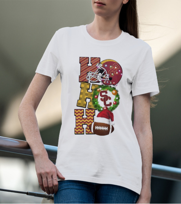 USC Trojans Football Christmas Ho Ho Ho SC Festive Helmet Wreath Game Day T-Shirt