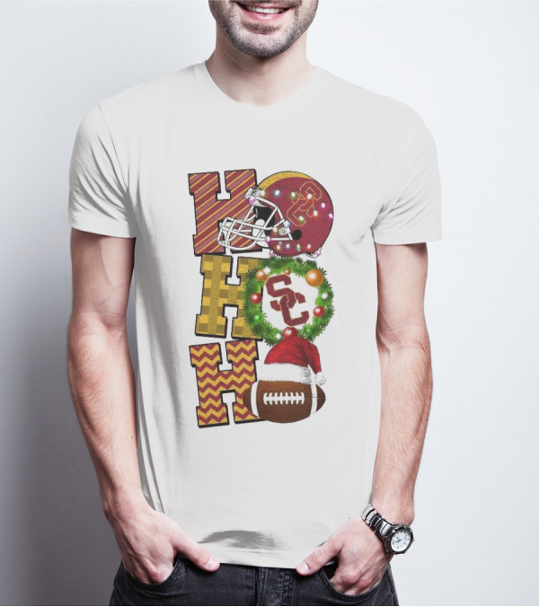 USC Trojans Football Christmas Ho Ho Ho SC Festive Helmet Wreath Game Day T-Shirt