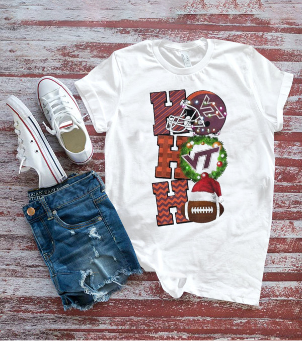 Virginia Tech Hokies Football Christmas Ho Ho Ho VT Helmet Wreath Game Day T-Shirt