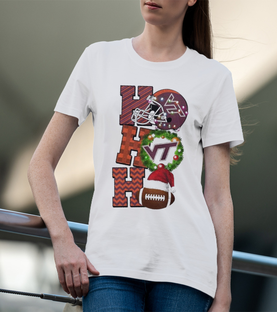 Virginia Tech Hokies Football Christmas Ho Ho Ho VT Helmet Wreath Game Day T-Shirt