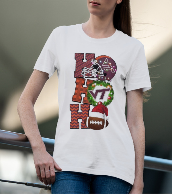 Virginia Tech Hokies Football Christmas Ho Ho Ho VT Helmet Wreath Game Day T-Shirt
