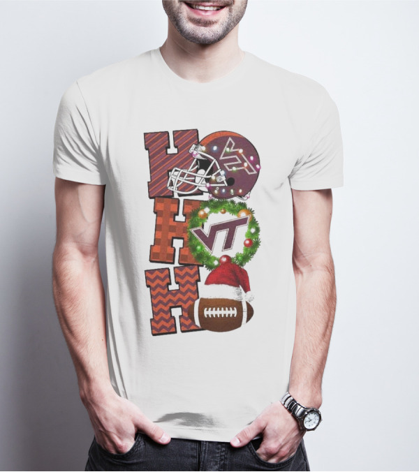 Virginia Tech Hokies Football Christmas Ho Ho Ho VT Helmet Wreath Game Day T-Shirt