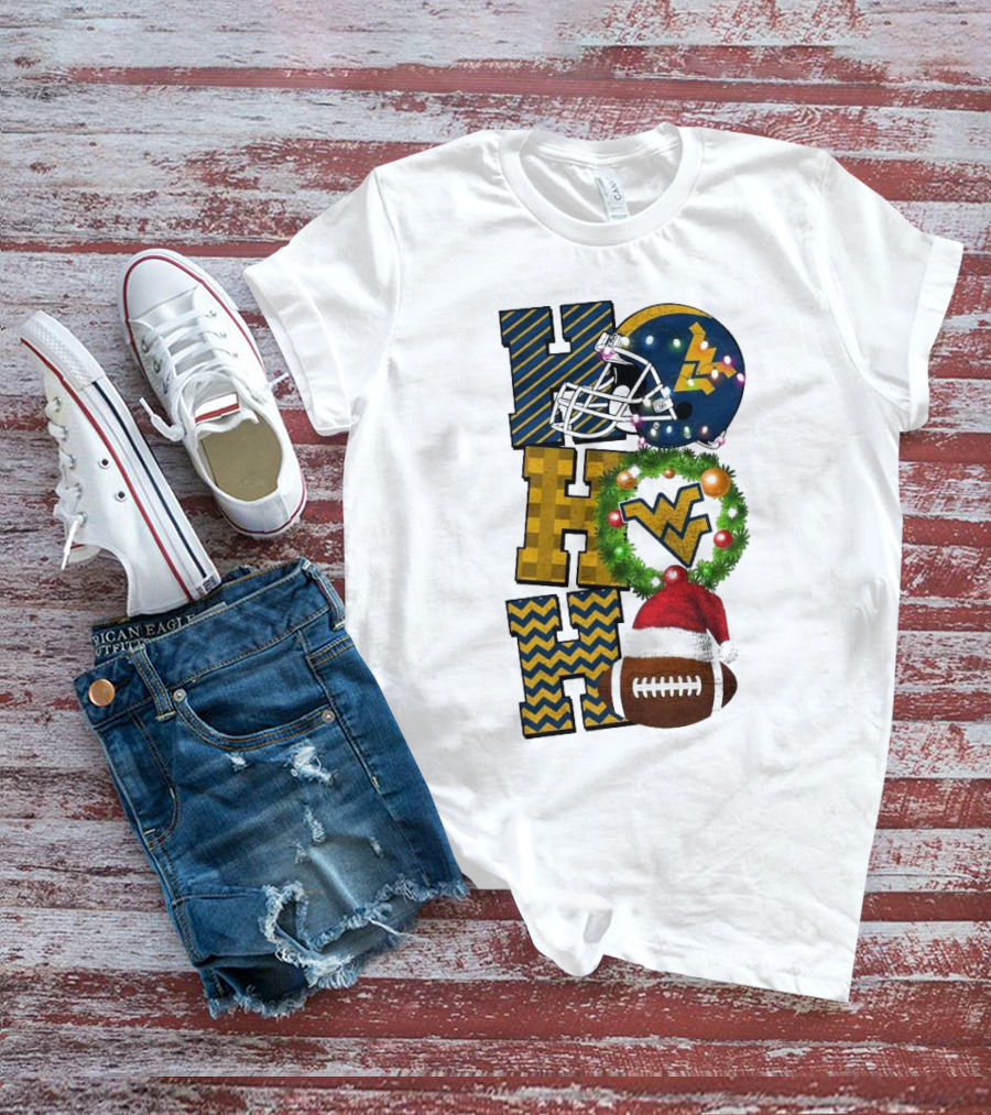 West Virginia Mountaineers Football Christmas Ho Ho Ho Helmet Wreath Santa Hat Game Day T-Shirt