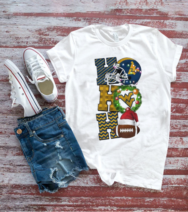 West Virginia Mountaineers Football Christmas Ho Ho Ho Helmet Wreath Santa Hat Game Day T-Shirt