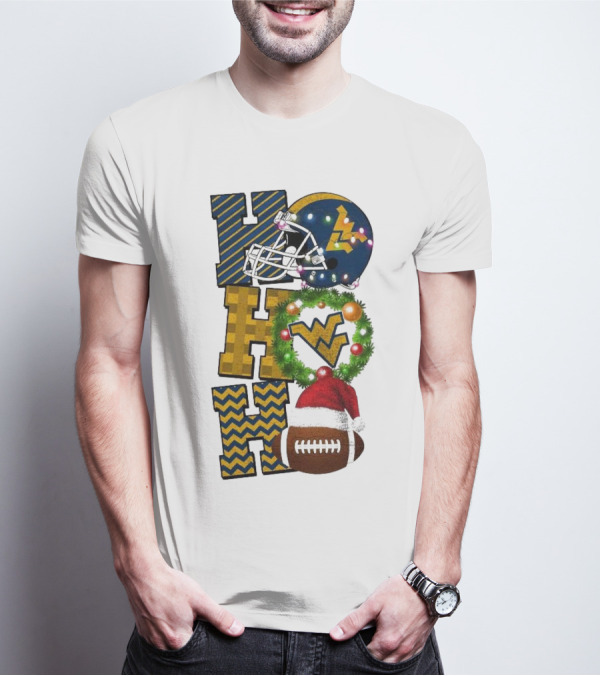 West Virginia Mountaineers Football Christmas Ho Ho Ho Helmet Wreath Santa Hat Game Day T-Shirt