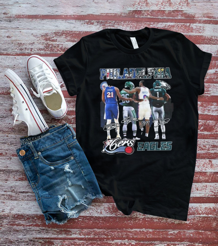 Philadelphia 76ers Joel Embiid And Philadelphia Eagles Sanders Hurts Collaborative Signature T-Shirt