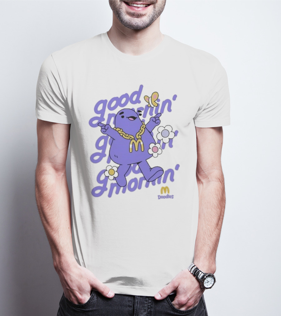 Good Mornin’ Grimace Doodles McDonald’s Butterfly Flowers T-Shirt