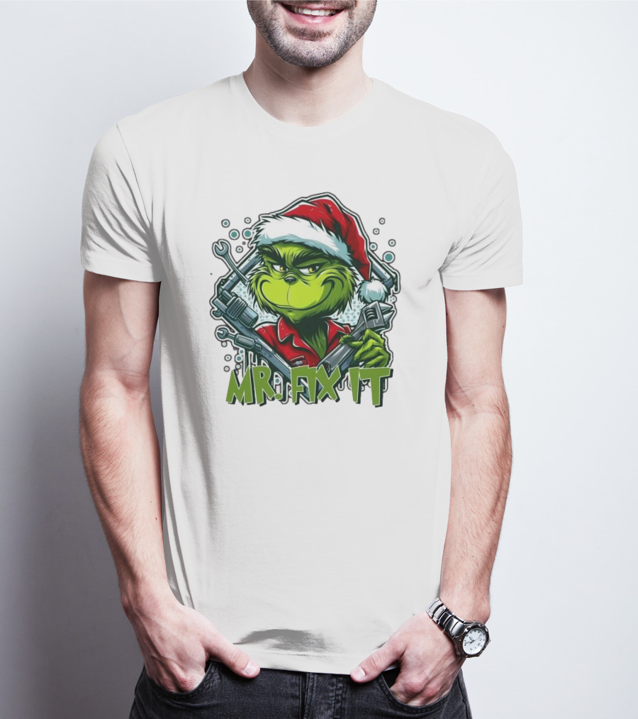 Mr. Fix It Grinch Merry Christmas Santa Hat Wrench Holiday T-Shirt