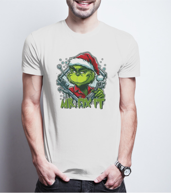 Mr. Fix It Grinch Merry Christmas Santa Hat Wrench Holiday T-Shirt