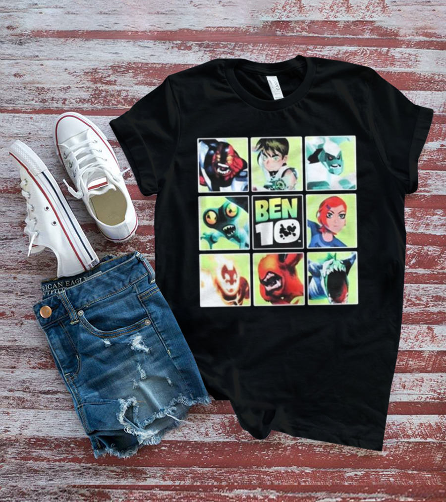 Ben 10 Alien Characters Panels Featuring Ben Gwen And Iconic Aliens T-Shirt