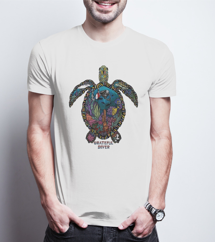 Grateful Diver Psychedelic Turtle Underwater Exploration UV T-Shirt