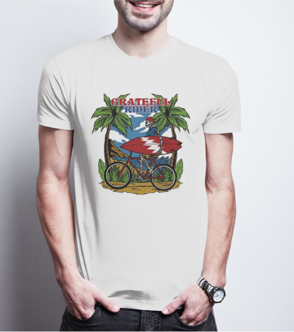 Grateful Rider Skeleton Beach Cruiser With Surfboard And Palm Trees T-Shirt