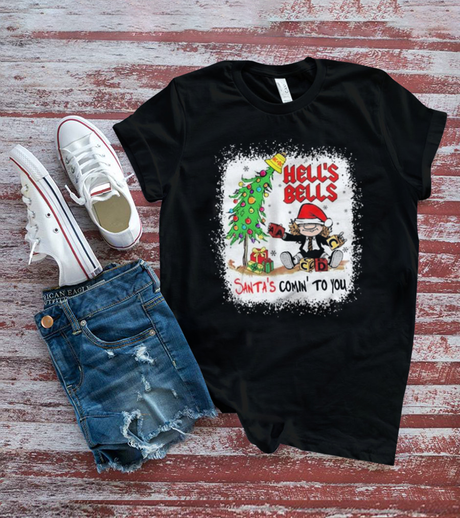 Hell’s Bells Santa’s Comin' To You Christmas Tree Presents ACDC Santa Hat T-Shirt