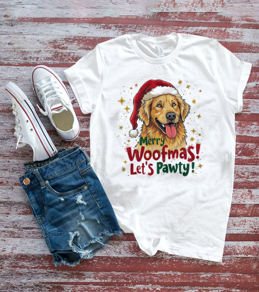 Merry Woofmas Let's Pawty Festive Dog Christmas T-Shirt