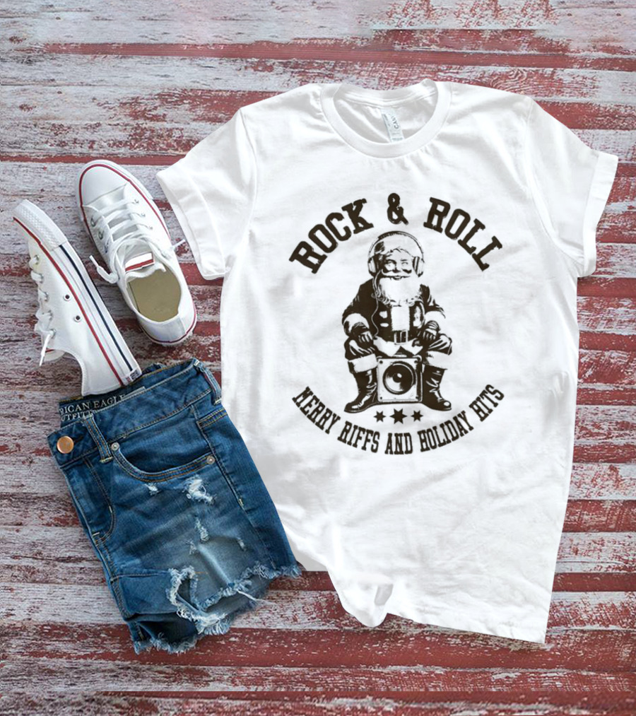 Rock And Roll Merry Riffs And Holiday Hits Santa Listening To Music T-Shirt