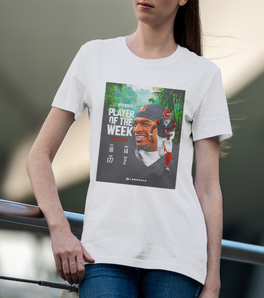 Ja’Marr Chase Cincinnati Bengals AFC Offensive Player Of The Week TGT 18 REC 14 YDS 177 TDS 2 Bengals T-Shirt