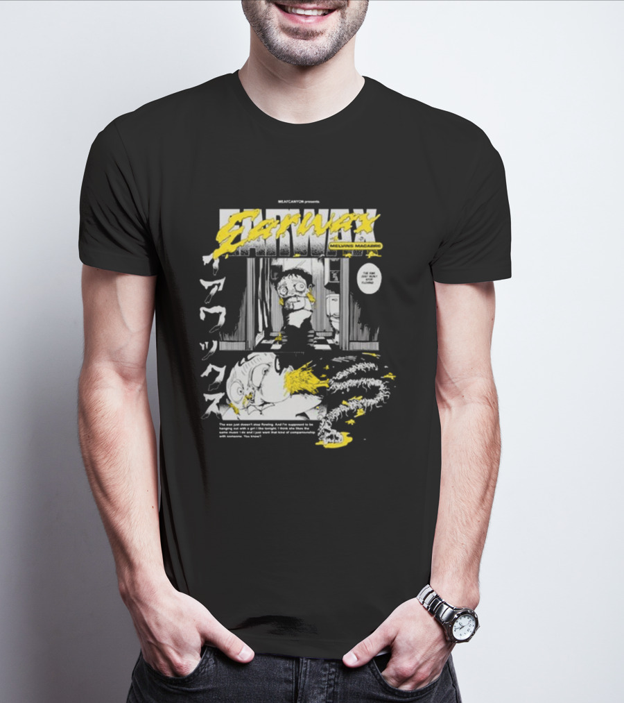 MEATCANYON Presents Earwax Melvin's Macabre Manga Comic Creepy Yellow Text Character Panels T-Shirt