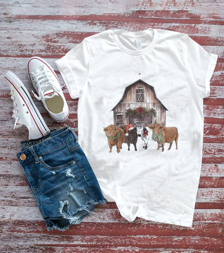 Katie Van Slyke Christmas Cows Barn Holiday Scene By Katie Van Slyke T-Shirt