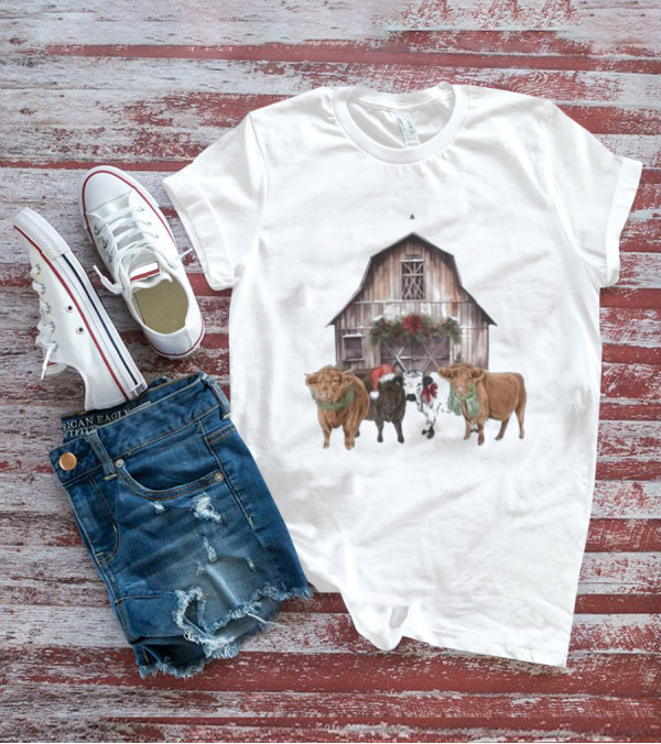 Katie Van Slyke Christmas Cows Barn Holiday Scene By Katie Van Slyke T-Shirt
