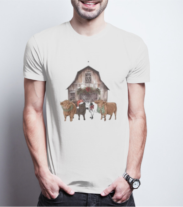 Katie Van Slyke Christmas Cows Barn Holiday Scene By Katie Van Slyke T-Shirt