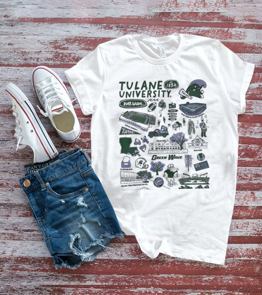 Tulane University Green Wave Roll Wave New Orleans Landmarks Est 1834 Tulane Stadium Riptide Mascot Iconography T-Shirt