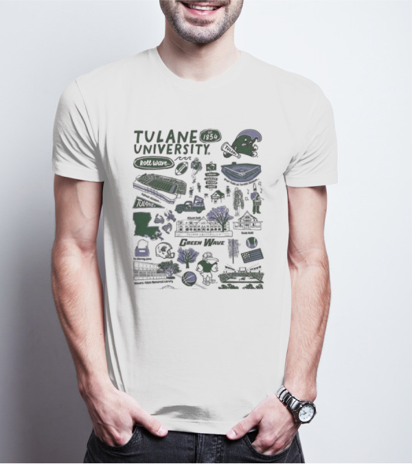 Tulane University Green Wave Roll Wave New Orleans Landmarks Est 1834 Tulane Stadium Riptide Mascot Iconography T-Shirt