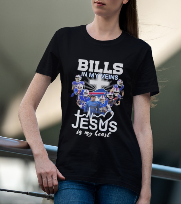 Bills In My Veins Jesus In My Heart Buffalo Players Signatures T-Shirt