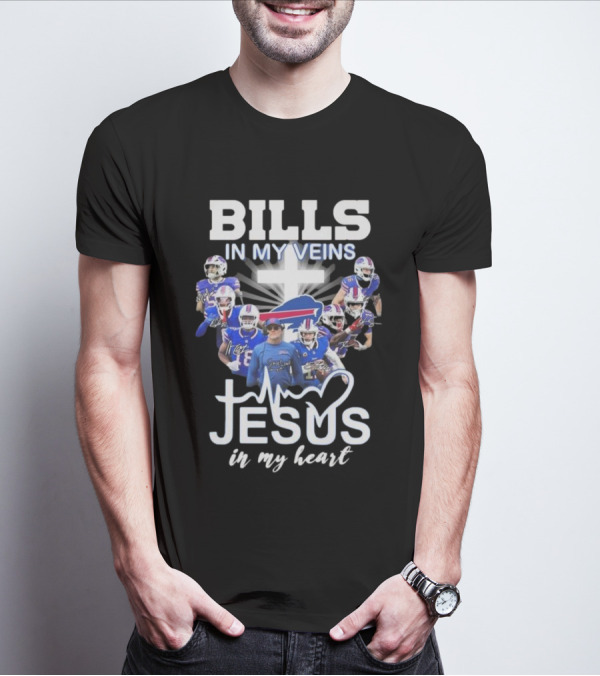 Bills In My Veins Jesus In My Heart Buffalo Players Signatures T-Shirt