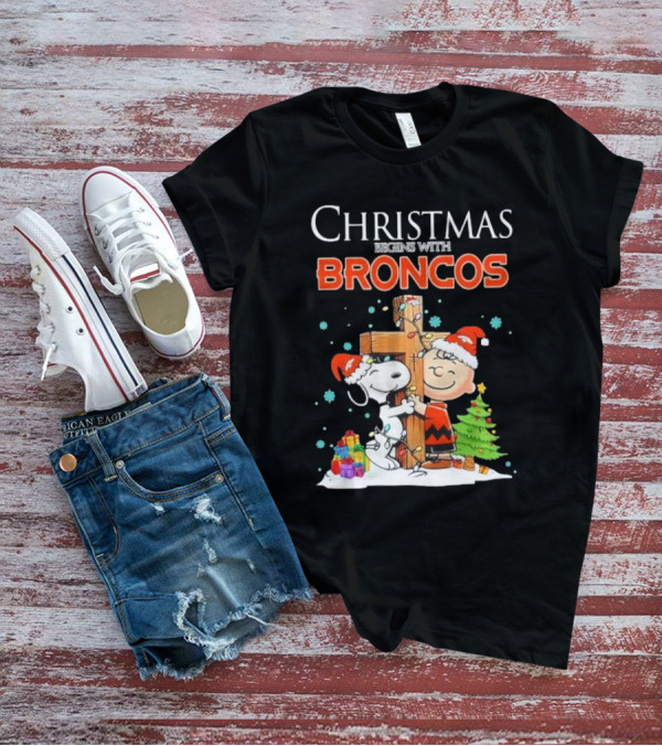 Christmas Begins With Broncos Charlie Brown Snoopy Hug Cross T-Shirt