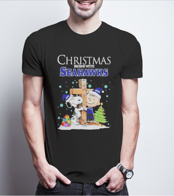 Christmas Begins With Seahawks Charlie Brown Snoopy Jesus Cross T-Shirt