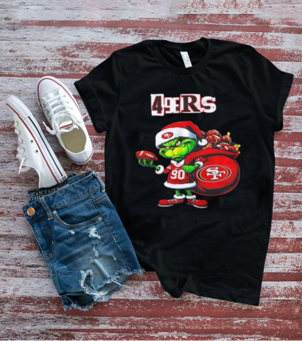 San Francisco 49ers Grinch With Santa Hat And Football Sack Christmas T-Shirt