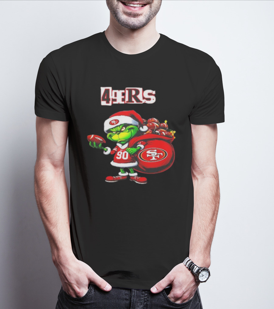 San Francisco 49ers Grinch With Santa Hat And Football Sack Christmas T-Shirt