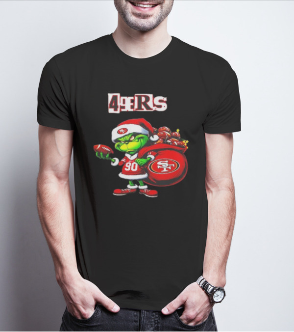 San Francisco 49ers Grinch With Santa Hat And Football Sack Christmas T-Shirt