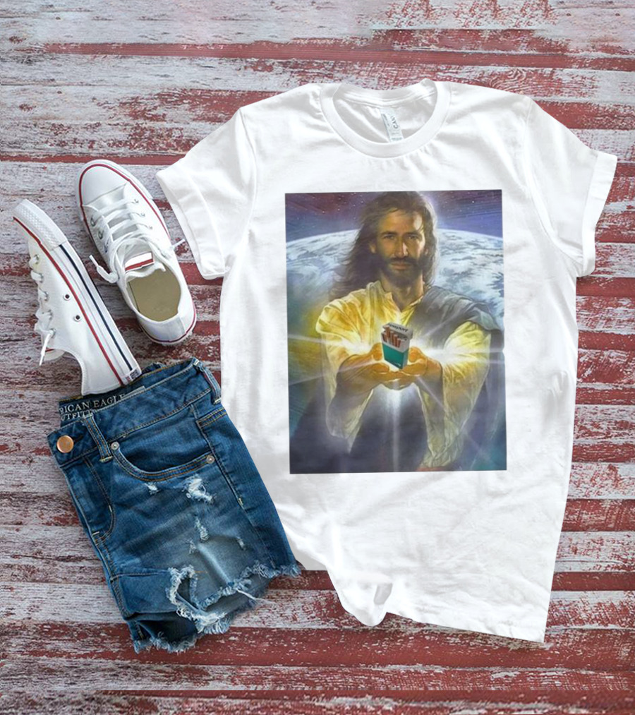 Jesus Offering Marlboro Cigarettes On Cosmic Background T-Shirt