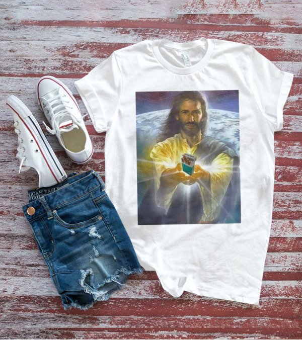 Jesus Offering Marlboro Cigarettes On Cosmic Background T-Shirt