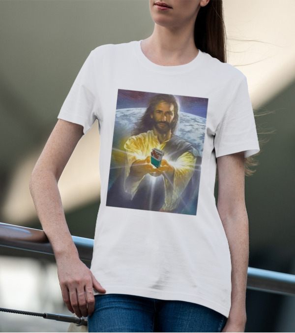 Jesus Offering Marlboro Cigarettes On Cosmic Background T-Shirt