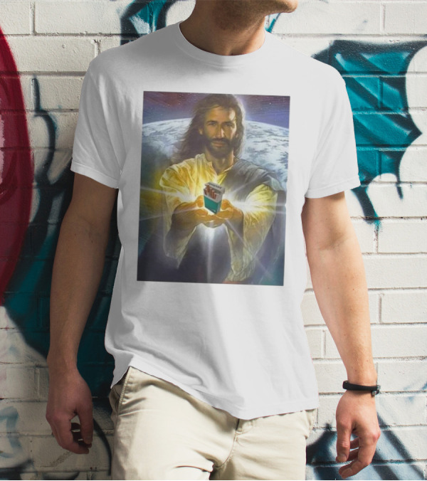 Jesus Offering Marlboro Cigarettes On Cosmic Background T-Shirt