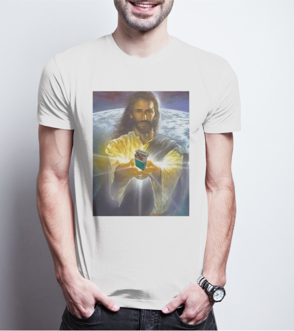 Jesus Offering Marlboro Cigarettes On Cosmic Background T-Shirt