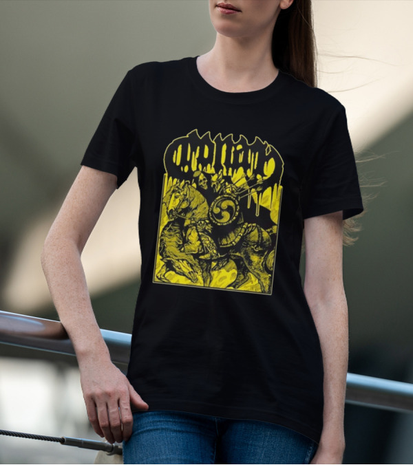 Conan Horseback Warrior With Shield And Hammer On Black And Yellow T-Shirt
