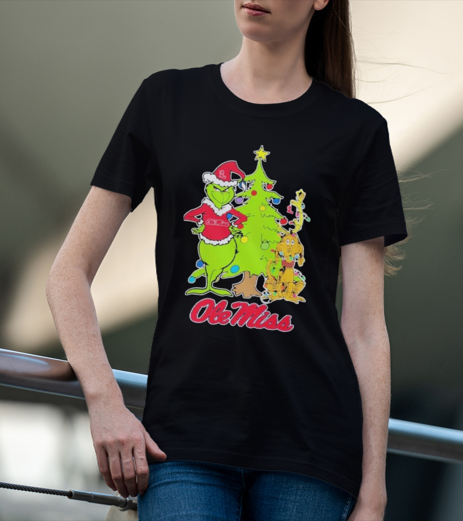 Ole Miss Rebels Grinch And Max Dog Christmas Tree T-Shirt