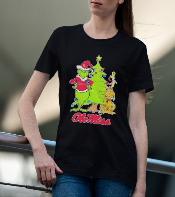 Ole Miss Rebels Grinch And Max Dog Christmas Tree T-Shirt