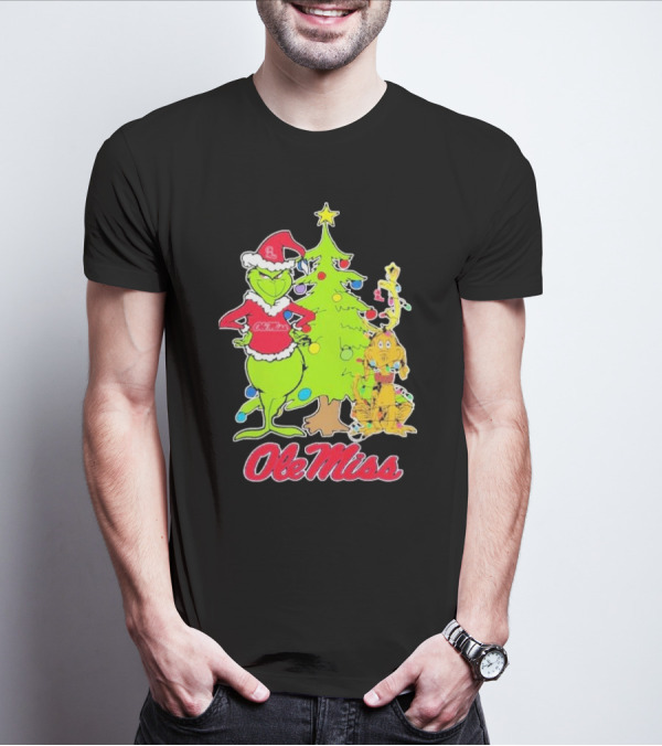 Ole Miss Rebels Grinch And Max Dog Christmas Tree T-Shirt