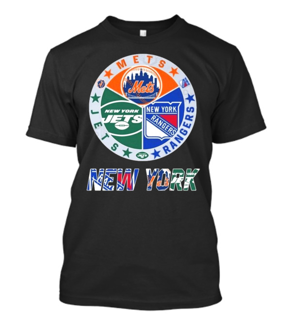 New York Mets Rangers Jets Circle Logo Skyline Baseball Football Hockey Teams T-Shirt