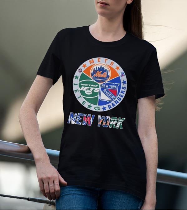New York Mets Rangers Jets Circle Logo Skyline Baseball Football Hockey Teams T-Shirt