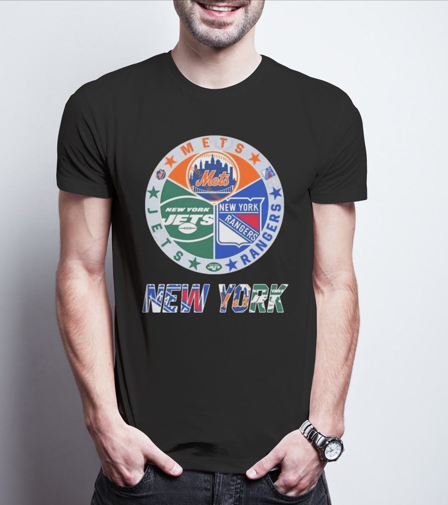 New York Mets Rangers Jets Circle Logo Skyline Baseball Football Hockey Teams T-Shirt