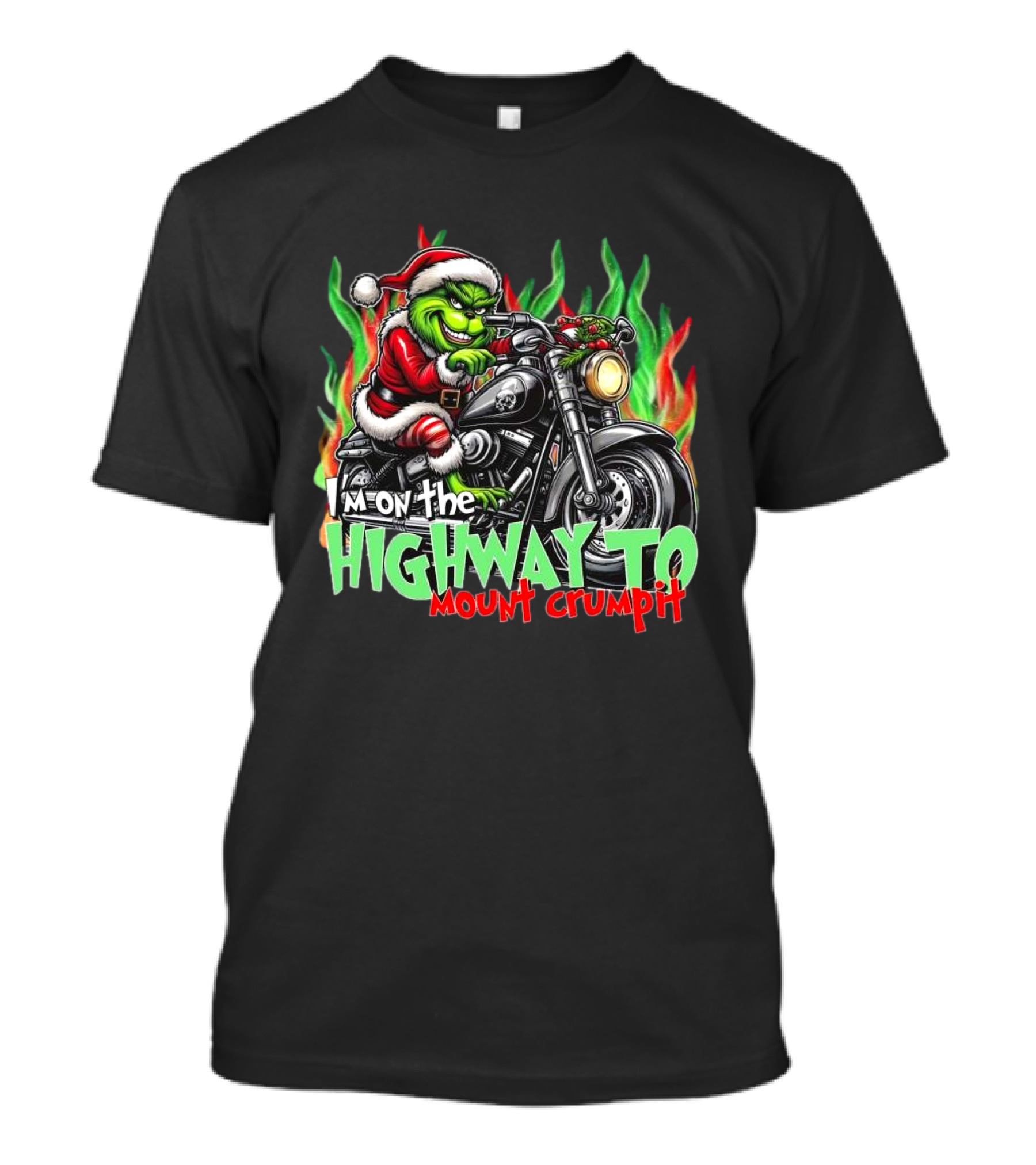 The Grinch Santa Riding Motorcycle On The Highway To Mount Crumpit Christmas T-Shirt